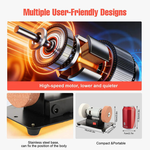 Mini Bench Grinder 96W, 7 Speed Adjustable Electric Tool With 3000 To 6000 Rpm Range Forward Reverse Switch And Smooth Operator Design showcasing a high-speed motor and stainless steel base.