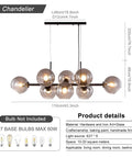 Black Glass Ball LED Pendant Light Transparent Globe Housing Decorative Hanging Fixture Chandelier Ceiling Light for Dining Room Living Room Bedroom, 6 bulbs design