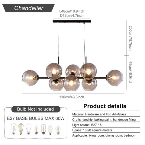 Black Glass Ball LED Pendant Light Transparent Globe Housing Decorative Hanging Fixture Chandelier Ceiling Light for Dining Room Living Room Bedroom, 6 bulbs design