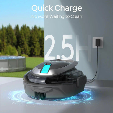Dual Layer Filtration S2 Robotic Pool Cleaner With 90 Minute Runtime charging on patio