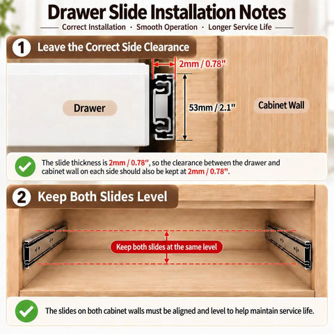 Drawer slide installation notes showing clearance for Heavy Duty 16 Inch Full Extension Ball Bearing Drawer Slides Built Like A Tank.