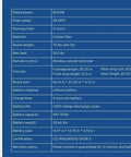Specifications chart for High Power EFoil For Water Sports With 28 Mph Top Speed And 120 Minute Ride Durable Rechargeable Battery Pack