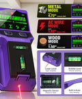 SUNMAY 7-in-1 Stud Finder Wall Scanner with Laser Level displaying modes for locating metal, AC wires, and wood.