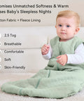 Baby in Cozy Six To Twelve Month Winter Sleep Sack With Two Point Five TOG One Hundred Percent Cotton Wearable Baby Blanket, green