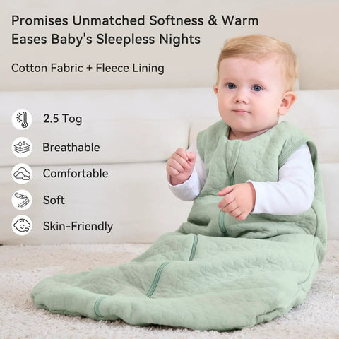 Baby in Cozy Six To Twelve Month Winter Sleep Sack With Two Point Five TOG One Hundred Percent Cotton Wearable Baby Blanket, green