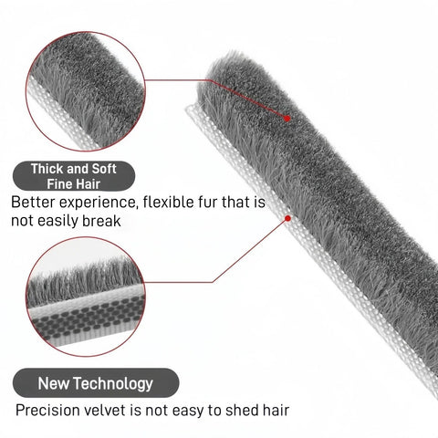 Front view of window weather stripping door seal, 33 ft self-adhesive gray brush strip with dense fine hair