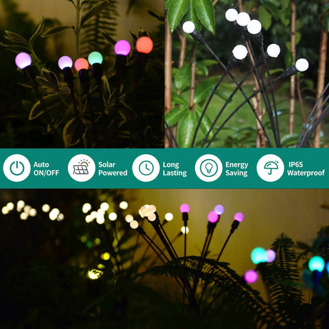 Solar Firefly Garden Lights With 10 LED Starburst Swaying Design And Color Changing RGB for outdoor use in garden and pathway, IP65 waterproof