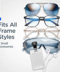 Magnetic Eyeglass Holder Clip On Set Of 2 For Glasses Sunglasses And ID Badges Secure Strong Hold Easy Access displayed with eyewear