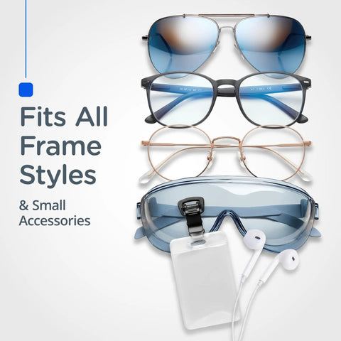 Magnetic Eyeglass Holder Clip On Set Of 2 For Glasses Sunglasses And ID Badges Secure Strong Hold Easy Access displayed with eyewear