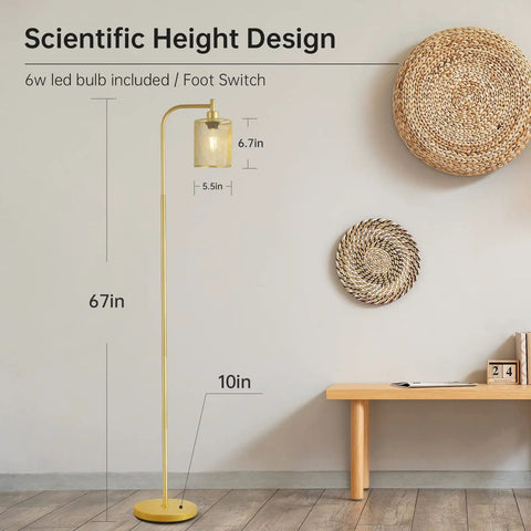 Tall Gold Floor Lamp With Iron Mesh Lampshade 67 Inch LED Standing Lamp Brass Base 6W Energy Efficient Lighting in room