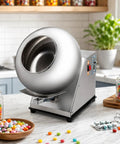 Heavy Duty Candy Coating Machine And Sugar Ball Coater Built Different Stainless Steel Workhorse With Timer Controlled Constant Temperature Dryer For Food And Pharma Lines 110V displayed on countertop with colorful candies.