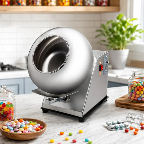 Heavy Duty Candy Coating Machine And Sugar Ball Coater Built Different Stainless Steel Workhorse With Timer Controlled Constant Temperature Dryer For Food And Pharma Lines 110V displayed on countertop with colorful candies.