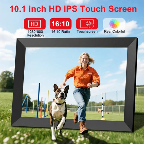 10.1 Inch WiFi Digital Photo Frame With 1280x800 HD IPS Touch Screen displaying photo of woman running with dog in park