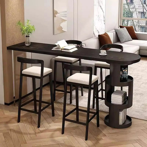 Top Shelf Solid Wood Bar Table With Hidden Storage And Counter Height Pub Style For No Sweat Assembly Perfect For Your Living Room Or Dining Room Badass Upgrade, featuring four black wood stools and storage.