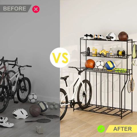 Before vs After image of 4 Bike Stand Slick Garage Organizer with 3 Tier Storage Rack for Indoor Bike Storage fits various bikes.