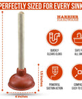 No Problem Small Sink Plunger With Four Inch Cup Straight Shooter Drain Tool For Bathroom Kitchen Clogs And Rv Vanities Space Saving Hand Pump Cleans Tight Spaces Like A Charm, 9 inches long, 4 inch cup.