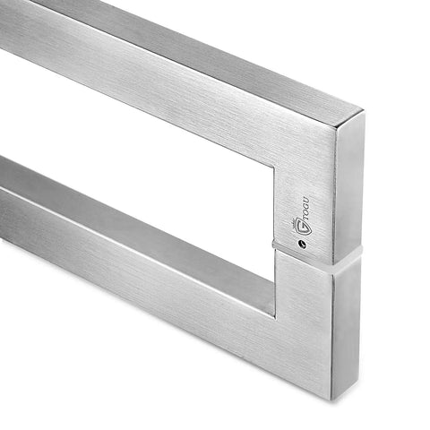 24 Inch Solid Stainless Steel Push Pull Door Handle Kit With Heavy Duty 304 Standoffs Brushed Finish For Barn And Glass Doors Easy Grip Tough As Nails Build High Endurance Construction Includes Four SUS304 Hex Socket Screws, angled close-up