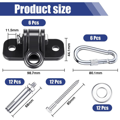 Six Pack Heavy Duty Swing Hangers Set With Locking Hooks Screws Bolts and Washers for Porch Patio Indoor Outdoor Swings Gym Rings Yoga Swings 1800 Lb Capacity Black