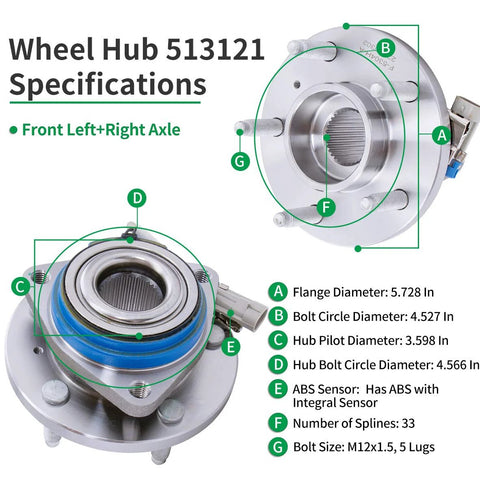 Front Wheel Hub Bearing Assembly Set Of 2 For 2000 2013 Chevy Impala, 2000 2007 Chevy Monte Carlo, specs diagram with measurements