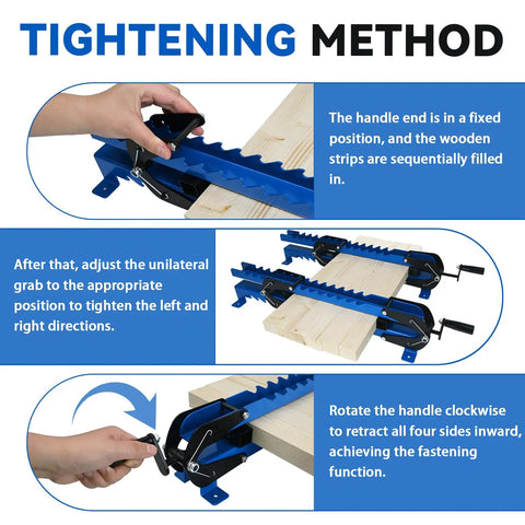 Two Pack 19 Inch Panel Clamps For Woodworking Adjustable From 2 To 17 Inch Wide Panels And 1 To 3 And A Half Inch Thick Boards Heavy Duty Steel With Scissor Couplings For Bonding Tabletops Wide Doors And Cabinet Countertops, blue steel clamps tightening a wood board