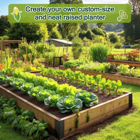 Heavy Duty L Shaped Corner Brackets For Raised Garden Beds 8 Piece Set Rust Proof Carbon Steel installed in a lush vegetable garden.