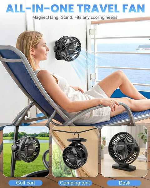 Image of a Cruise Ready Magnetic Fan With 12,000mAh Battery, showing its use on a deck, golf cart, camping tent, and desk.