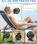 Woman relaxing with Magnetic Cruise Approved Travel Fan With 12000mAh Battery on a ship, fan attached to railing.