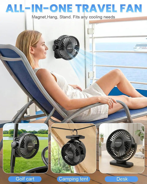 Woman relaxing with Magnetic Cruise Approved Travel Fan With 12000mAh Battery on a ship, fan attached to railing.