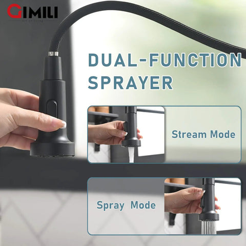Close-up of dual-function sprayer on Matte Black Kitchen Faucet With Soap Dispenser And Pull Down Sprayer Pro Grade Commercial Single Handle Spring Pullout Faucet For Stainless Steel Sinks That Is Built To Last And Looks Boss