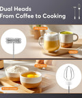 Rechargeable Milk Frother Handheld Foam Maker With Stainless Whisk For Cappuccino Latte Bulletproof Coffee Keto Diet Protein Powder Matcha Pure White Two Whisks No Fuss Quick Froth, featuring drinks and bowls.