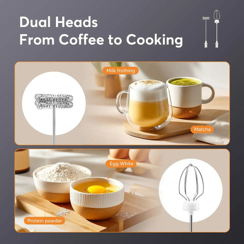 Rechargeable Milk Frother Handheld Foam Maker With Stainless Whisk For Cappuccino Latte Bulletproof Coffee Keto Diet Protein Powder Matcha Pure White Two Whisks No Fuss Quick Froth, featuring drinks and bowls.