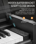 Close-up of the DDP-90 Pro 88 Key Weighted Digital Piano showing hidden buffer bracket and soft-close design, black finish.