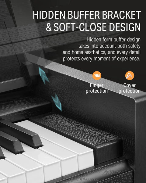 Close-up of the DDP-90 Pro 88 Key Weighted Digital Piano showing hidden buffer bracket and soft-close design, black finish.