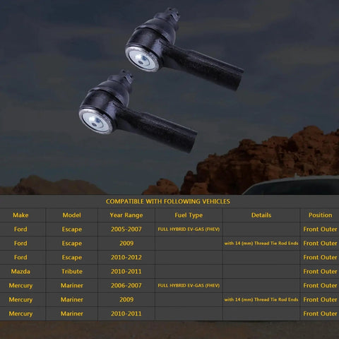 Ford Escape Front Outer Tie Rod End Kit 2005 To 2012 Beefed Up 2pc Replacement ES800846 For Precise Steering, Smooth Ride, And Solid Alignment Built To OE Spec For Long Lasting Performance And Easy Install; 2 black tie rod ends