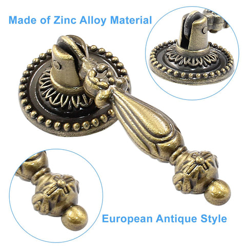 Close-up of Six Pack Antique Tear Drop Drawer Pulls in bronze finish showing zinc alloy material and detailing for cabinets, drawers, dressers.