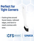 Flo Pac Grout Brush With Nylon Bristles For Tight Grout Lines And Seams 8 Inch Angled Handle For Easy Scrubbing, shown upright on white background.