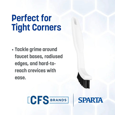Flo Pac Grout Brush With Nylon Bristles For Tight Grout Lines And Seams 8 Inch Angled Handle For Easy Scrubbing, shown upright on white background.