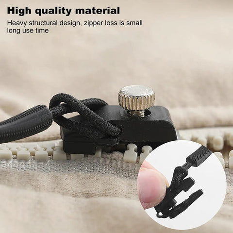 Zipper Repair Kit With Quick Fix Zipper Set Replacement Heads And Plier Seam Ripper For Coats And Jackets, close-up of zipper head.