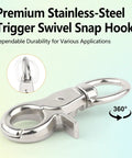 Heavy Duty Marine Grade Stainless Steel Trigger Snap Hooks, 2 Pack, Swivel Quick Release Lobster Clasps, close-up, 2.65 inch large eye