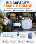 Car trunk with a collapsible water container and camping gear, highlighting the space-saving feature of a collapsible water container with spigot for camping and hiking.