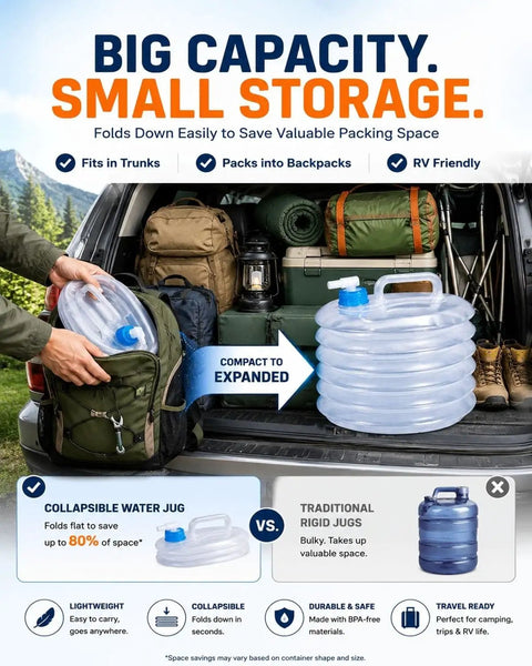 Car trunk with a collapsible water container and camping gear, highlighting the space-saving feature of a collapsible water container with spigot for camping and hiking.