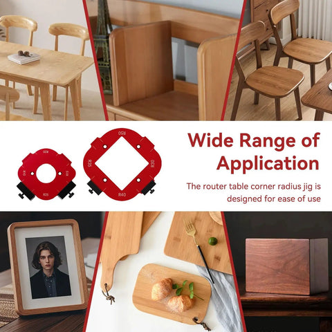 Game Changer Radius Jig Router Templates Paired With Dual Precision Trimming Cutters For No Sweat Woodworking Corners And Smooth Table Edges Heavy Duty Aluminum Alloy Template Kit displayed on various wood projects.