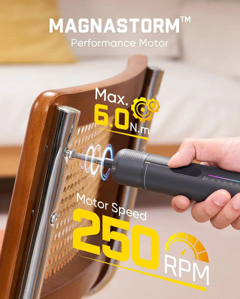 Cordless Electric Screwdriver Set With Precision Torque Control And Ergonomic Grip For No Sweat Diy Repairs Quick Furniture Assembly Computer Upgrades And Badass Heavy Chores With Slick Performance close-up of performance motor showing 250RPM speed and 6Nm torque