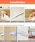 Installation steps for LED Strip Lights With Motion Sensor Remote And Adapter 16.4ft Warm White 3000K, including cleaning, peeling, and sticking.