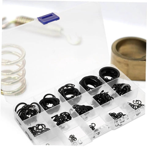 Elastic Circlip Bearing Clips Set Assorted Retaining Rings Kit With Metal Snap Rings Flat Washers visible in plastic case