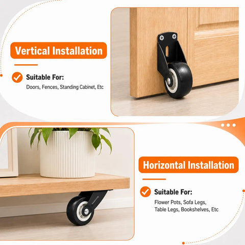 Vertical and horizontal installation of Heavy Duty 2 Inch Gate Caster Wheels on doors and furniture for versatile use.