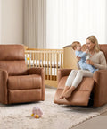 Swivel Rocker Recliner Chair With Faux Leather, Manual Glider, 360 Degree Swivel, Nursery Friendly, Padded Backrest, Dark Brown in nursery