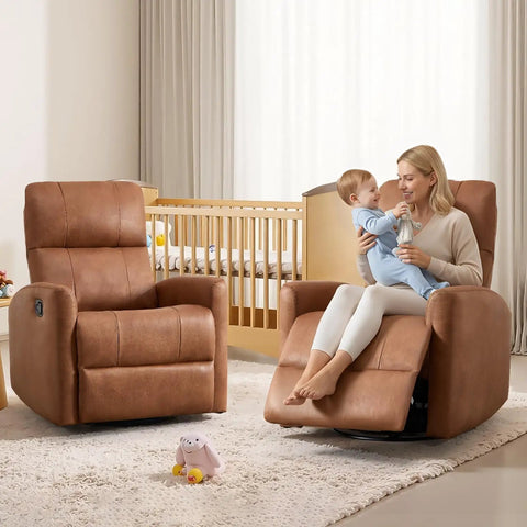 Swivel Rocker Recliner Chair With Faux Leather, Manual Glider, 360 Degree Swivel, Nursery Friendly, Padded Backrest, Dark Brown in nursery