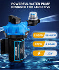 Upgraded 2026 7.5 GPM 70 PSI 12V DC RV Water Pump with heavy duty pressure switch and strainer, designed for large RVs.