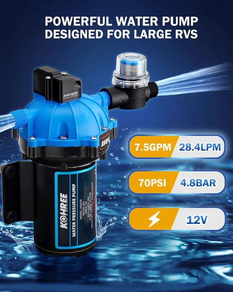 Upgraded 2026 7.5 GPM 70 PSI 12V DC RV Water Pump with heavy duty pressure switch and strainer, designed for large RVs.